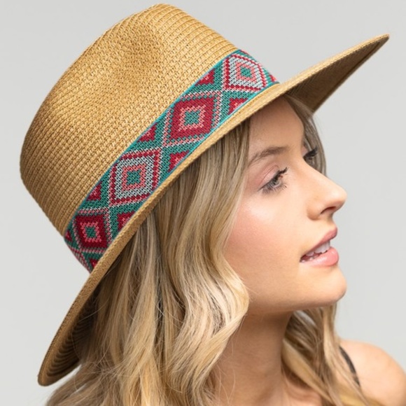 Accessories - Boho Tribal Geo Print Straw Panama hat